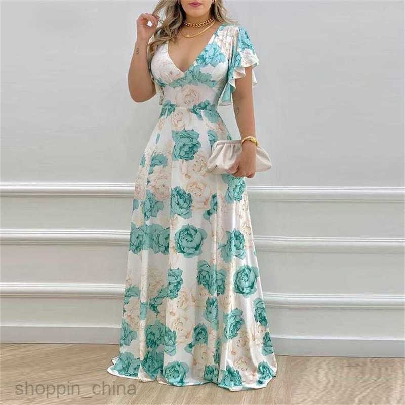 Basic Casual Dresses Women new women's summer floral commuting V-neck waist cinching printed large hem dress