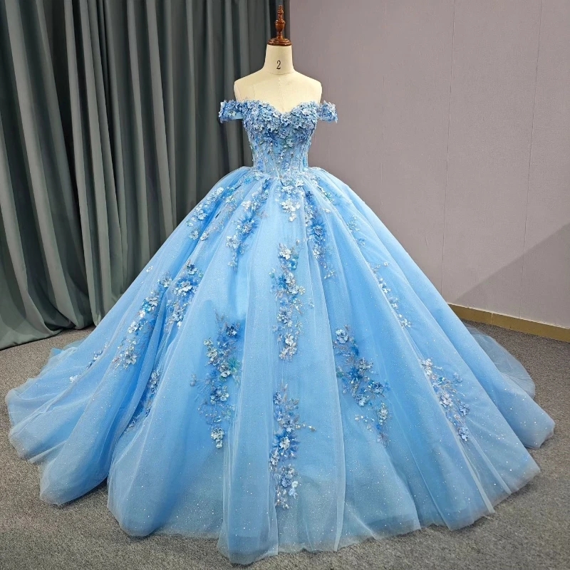Luxury Sky Blue Off The Shoulder Quinceanera Dresses Beads Appliques Handmade Flowers Beads Princess Ball Gowns Sweet 15 Party