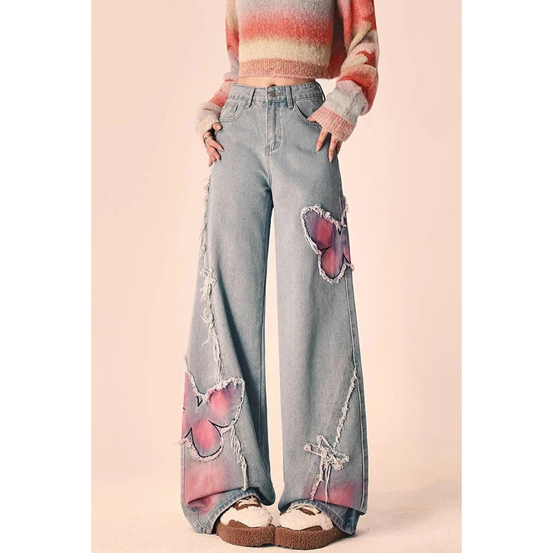 Blue Women Jeans High Street Vintage Straight Pants Streetwear Y2K Embroidery American Fashion Female Wide Leg Denim Trouser F7.1#53