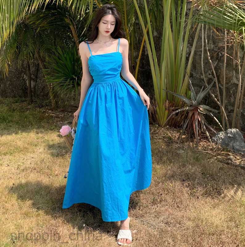 Basic Casual Dresses Women Romantic Rose Red Strap Holiday Dress Women's Summer High Waist Slim Mid length A-line Dress Tea Break Dress