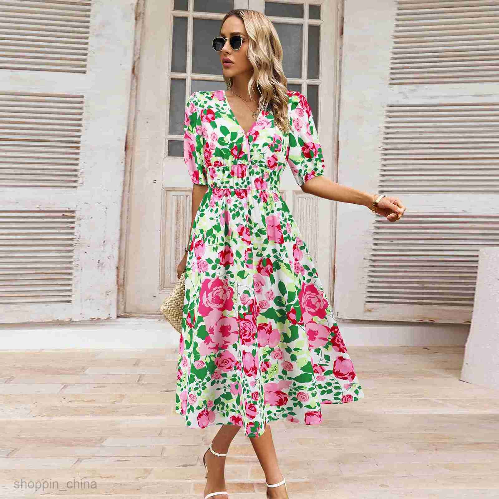 Basic Casual Dresses Women Bohemian Leisure Resort Style Dress Summer Leisure Style Printed Dress