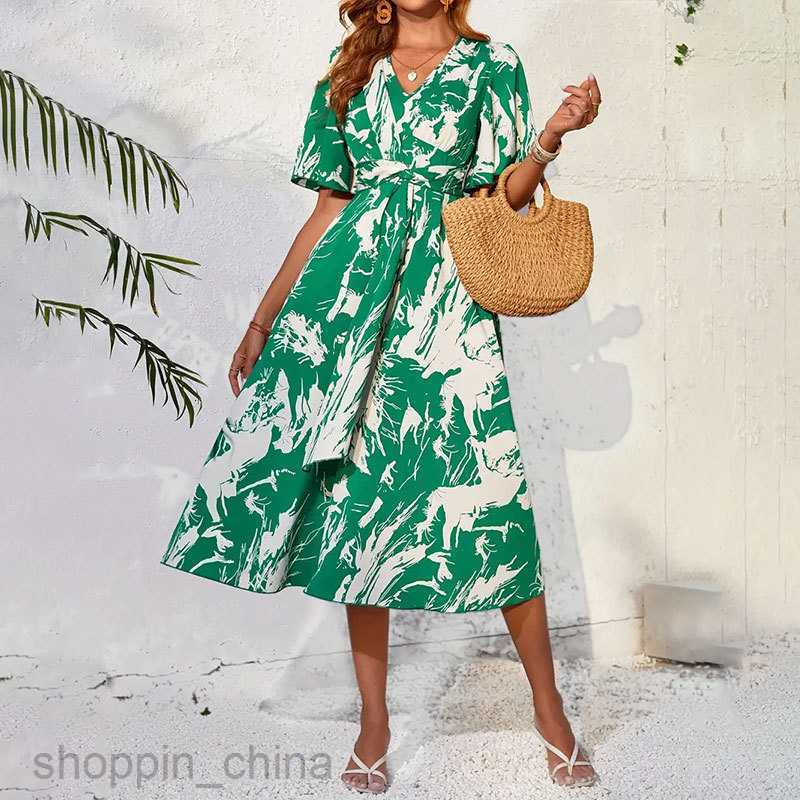 Basic Casual Dresses Women Summer New Elegant and Romantic Long Skirt Flare Sleeves V-Neck Ruffle Ribbon Printed Dress Long Dress