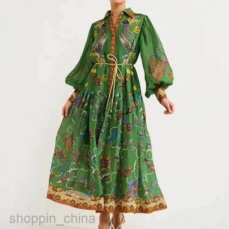 Basic Casual Dresses for Woman Women's New Printed Lantern Sleeves Wrapped Waist Large hem Dress for Women