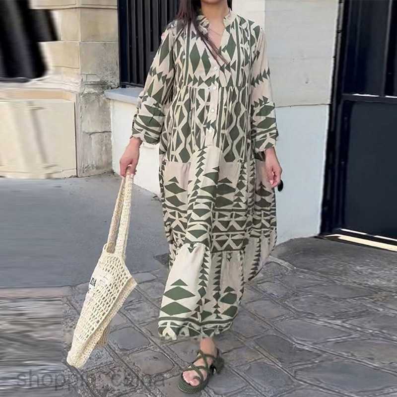 Basic Casual Dresses for Woman New Summer Women's Wear New V-neck Single breasted Personalized Printed Loose Dress