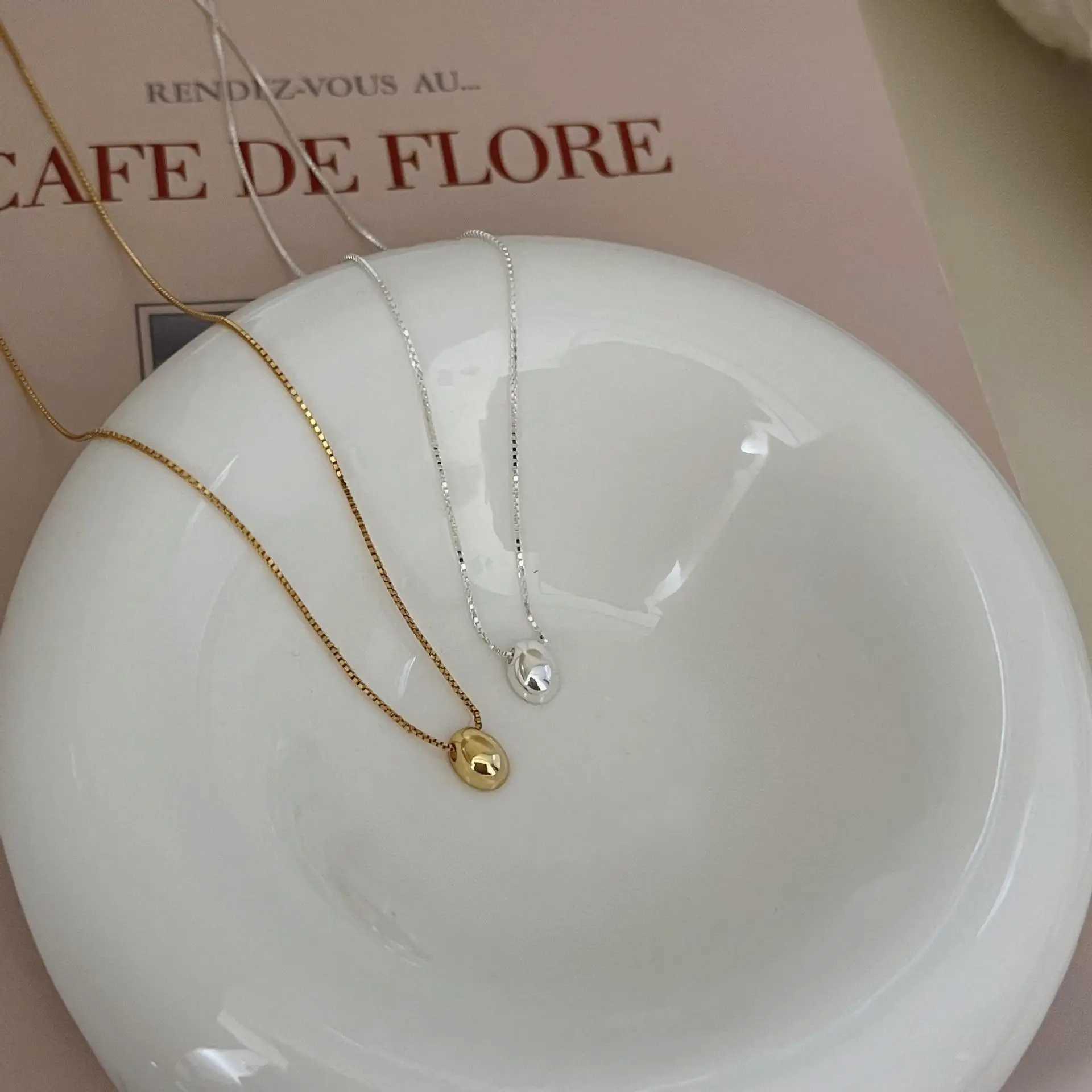 Pendant Necklaces Korean 925 Sterling Silver Geometric Oval Mini Pendant Necklace for Women Girl Exquisite Cute Party Jewelry