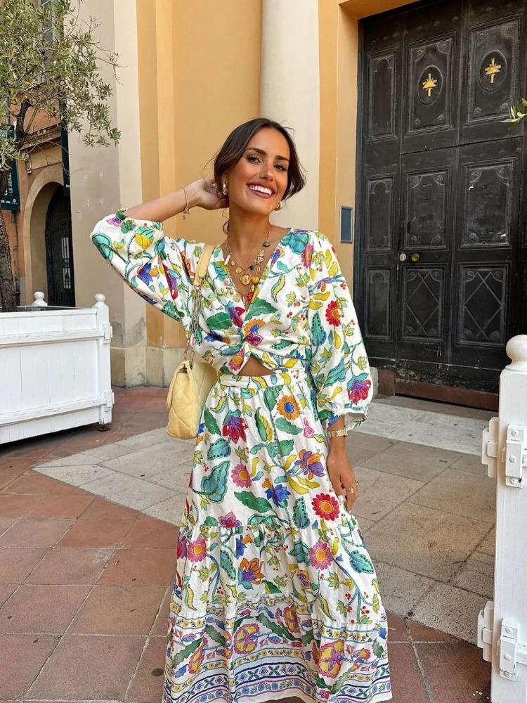 Flower Print Summer Womens Dress Elegant Long Sleeves Vneck Hollow Out Vacation 2024 Female Clothes Sundress 240627