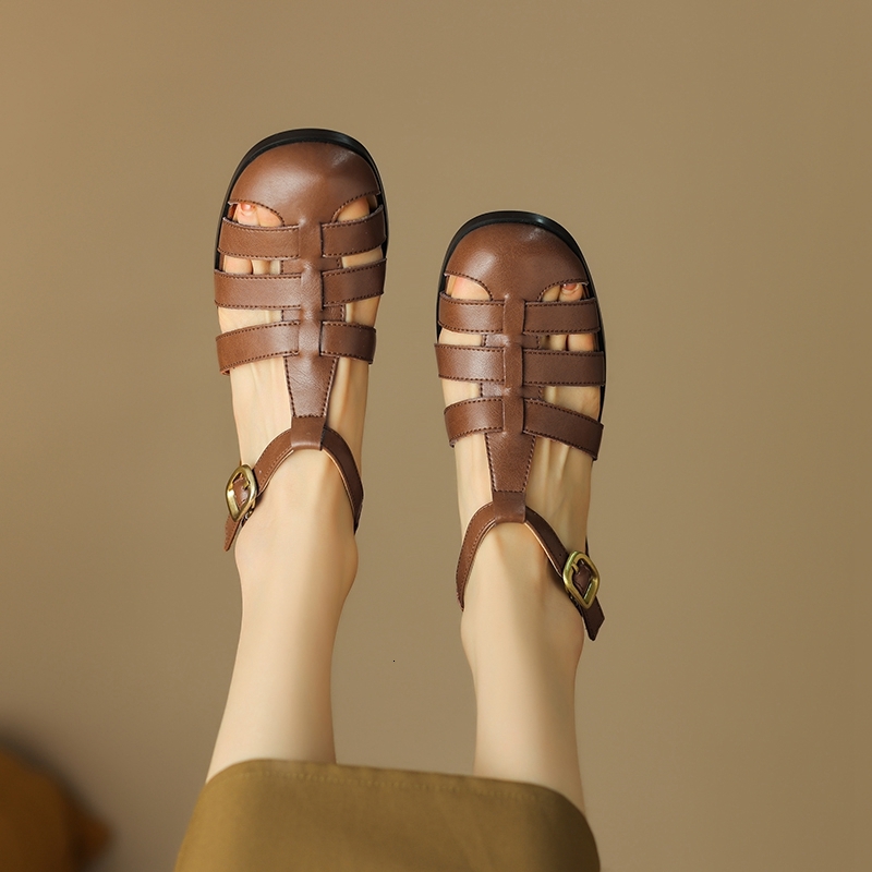 Women's New Spring/Summer Round Head Leather Comfortable Low Baotou Customized Large Heel Roman Sandals 46 47 48