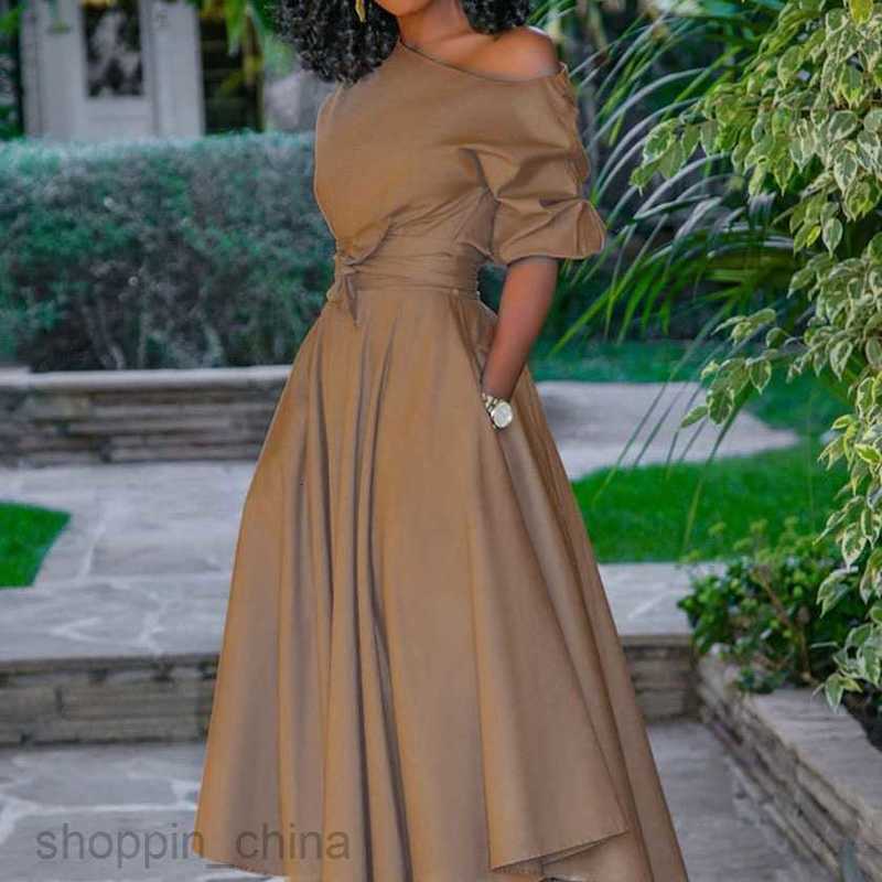 Casual Dresses for Woman New Spring/Summer Women's Single Shoulder Lace up Waist Slim Fit Mid length Dress