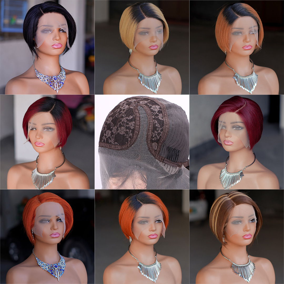 T Shaped Lace Wig Real Human Hair Cut Popular Hairstyles for European and American Women Pixie Cut Wigs Multiple Colors Available for Clearance