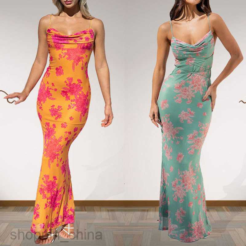 Basic Casual Dresses Women Summer New Women's Wear Lace Long Skirt Fragmented Flower Slim Fit Wrap Hip Print Hanging Strap Dress for Women