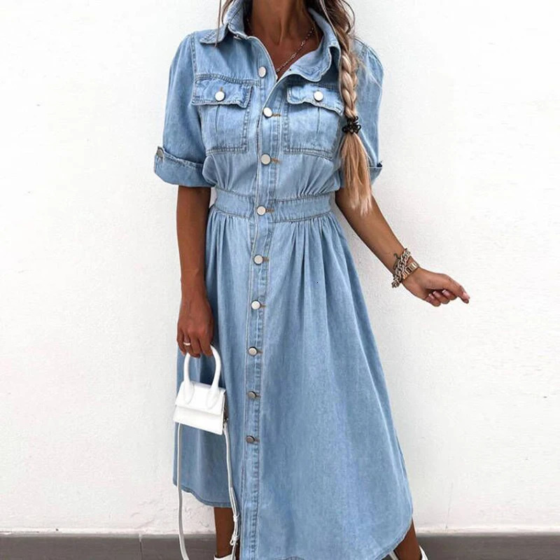 Elegant Lapel Short Sleeve Denim Dress Casual Single-breasted Pocket Long Dress Summer High Waist Temperament Commute Dress 240701
