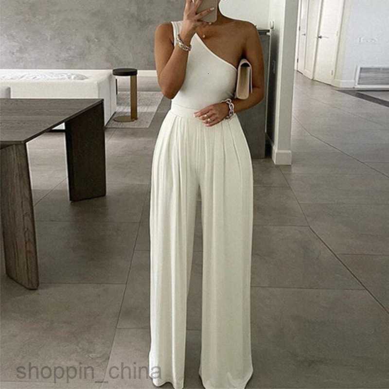 Women's Two Piece Sets Pants Summer New Women's Fashion Elegant and Solid Color Slant Shoulder Waist Wide Leg jumpsuit