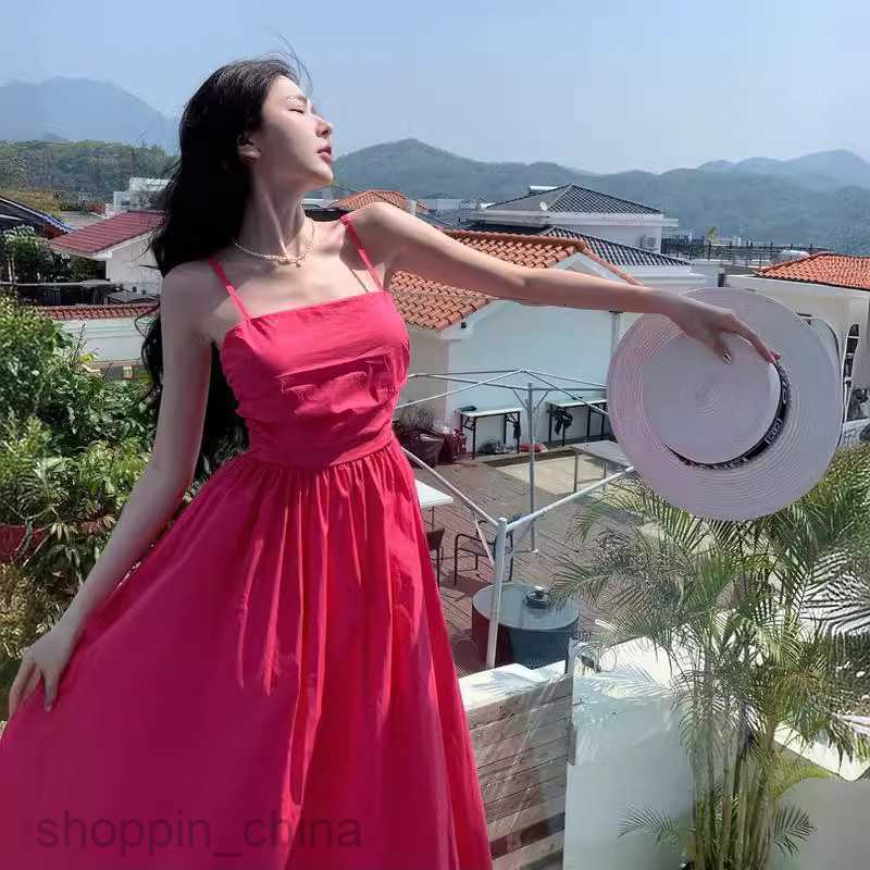 Basic Casual Dresses Women Romantic Rose Red Strap Holiday Dress Women's Summer High Waist Slim Mid length A-line Dress Tea Break Dress