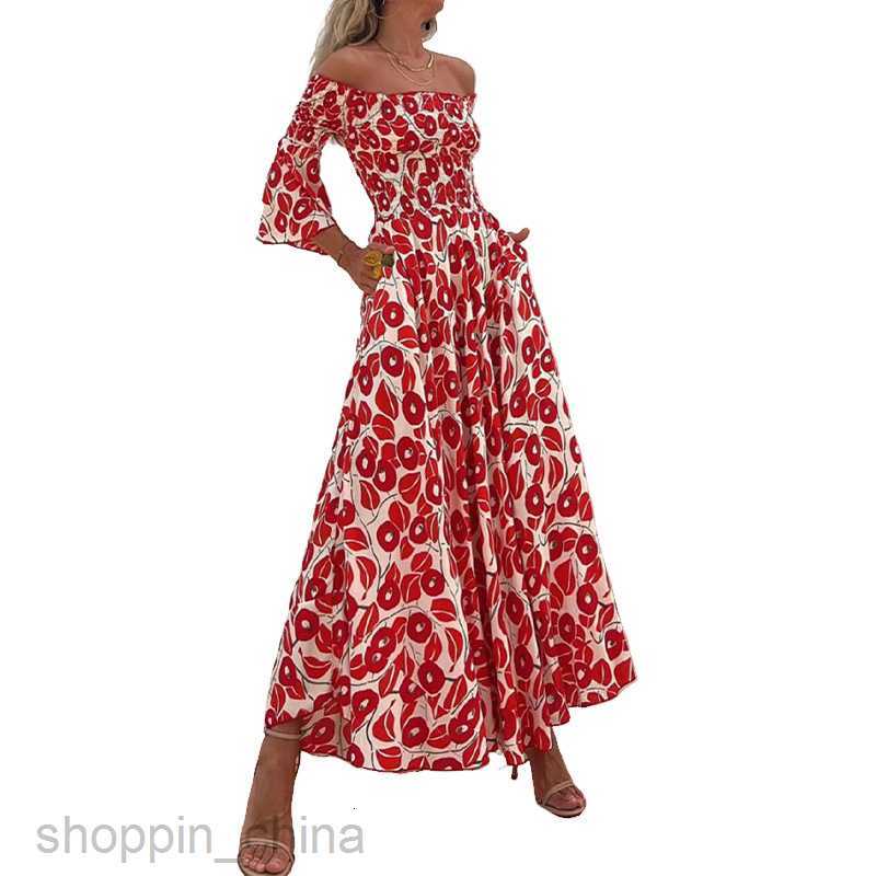 Basic Casual Dresses for Woman Summer New Women's Elegant and Elegant Floral Print Bra High Waist Pocket Long Dress