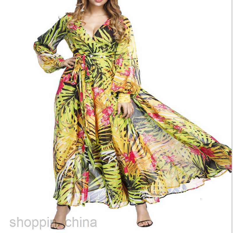 Casual Dresses for Woman Spring/Summer New Women's Wear Beauty Dress Lantern Sleeves Printed Sexy V-neck Leaf Flare Skirt