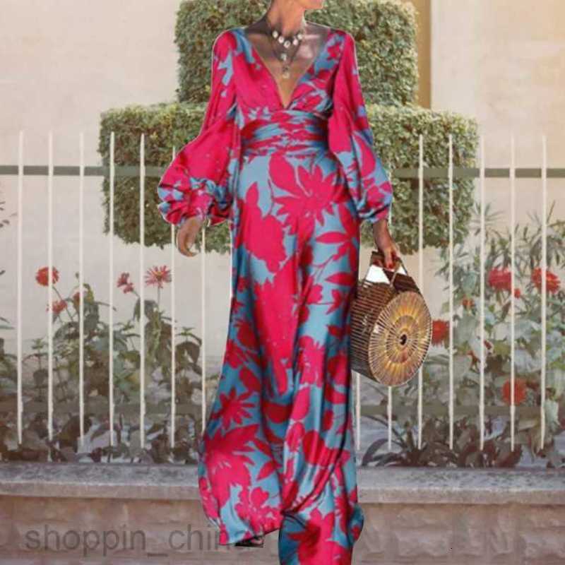 Basic Casual Dresses for Woman Summer High Waist Elegance Commuting Long Dress Printed Lantern Sleeves V-neck Dress