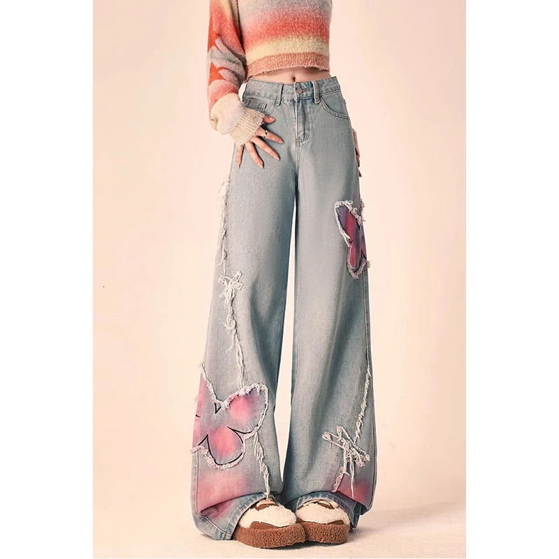 Blue Women Jeans High Street Vintage Straight Pants Streetwear Y2K Embroidery American Fashion Female Wide Leg Denim Trouser F7.1#53