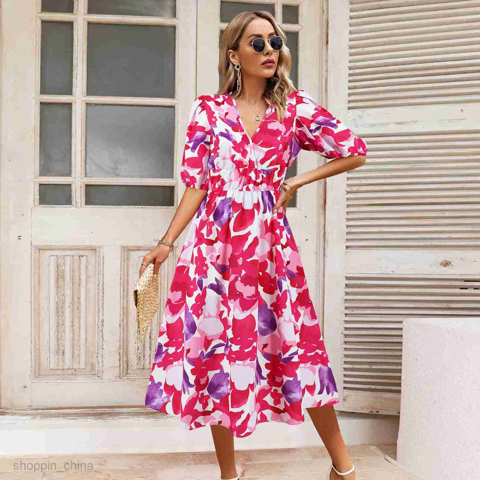 Basic Casual Dresses Women Bohemian Leisure Resort Style Dress Summer Leisure Style Printed Dress