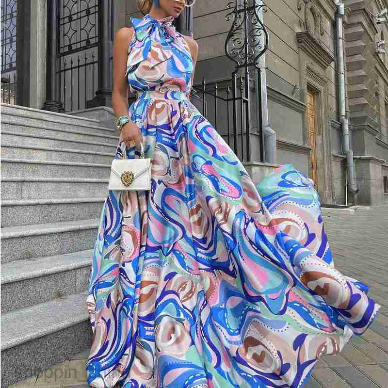 Basic Casual Dresses Women Spring/Summer New Women's Long Skirt Chiffon Sling Blue High Waist Temperament Printed Dress