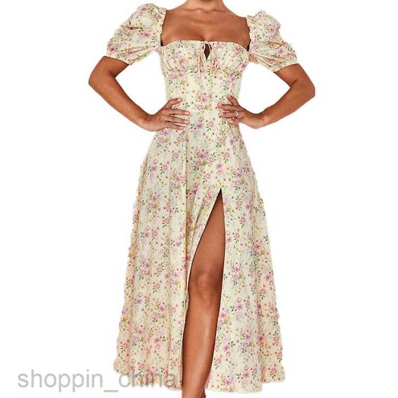 Basic Casual Dresses for Woman Summer New Women's Fashion Floral Skirt Ladies Split Large hem Hanging Strap Dress Women