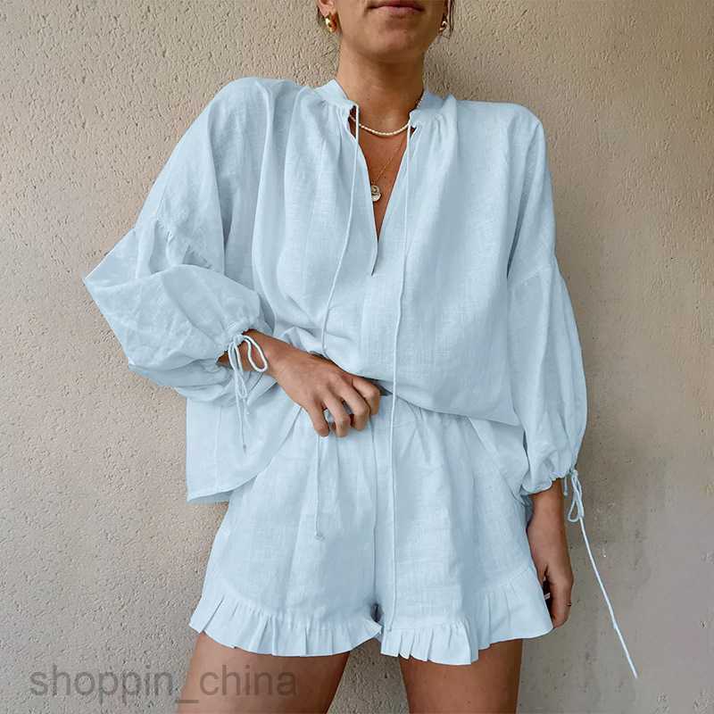 Women's Two Piece Sets Pants Summer New Women's Fashion Casual Long sleeved Pullover Shorts Loose Solid Color Lace up Set