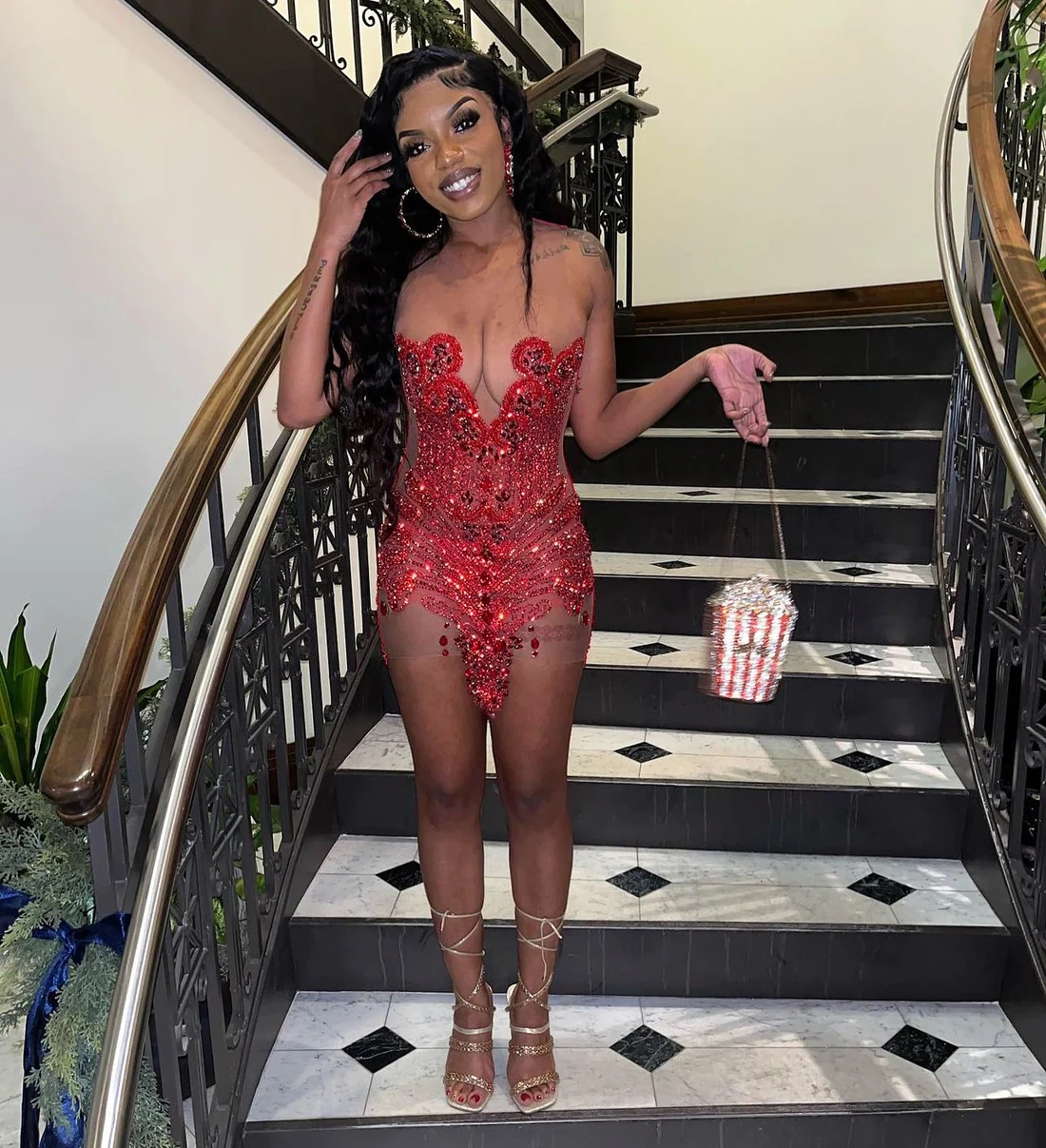 Red Crystals Short Prom Dresses For Black Girls See Through Luxury African American Cocktail Dresses Birthday Party Homecoming Gowns J029
