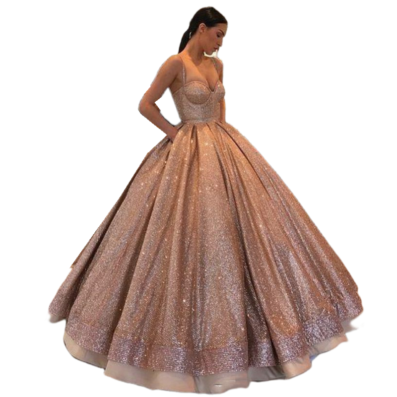 Sparkly Rose Gold Sequins Ball Gown Prom Dresses Spaghetti Straps Long Quinceanera Dress 2024 Plus Size Backless Evening Party Gowns