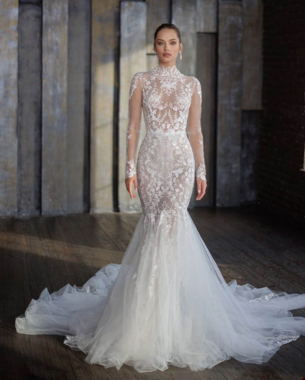 Graceful Mermaid Wedding Dresses High Neck Illusion Wedding Gowns Lace Appliques Brides Dresses Robes De