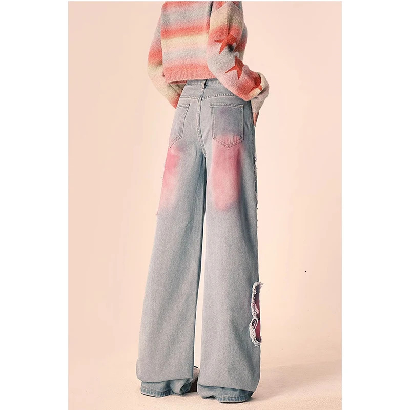 Blue Women Jeans High Street Vintage Straight Pants Streetwear Y2K Embroidery American Fashion Female Wide Leg Denim Trouser F7.1#53