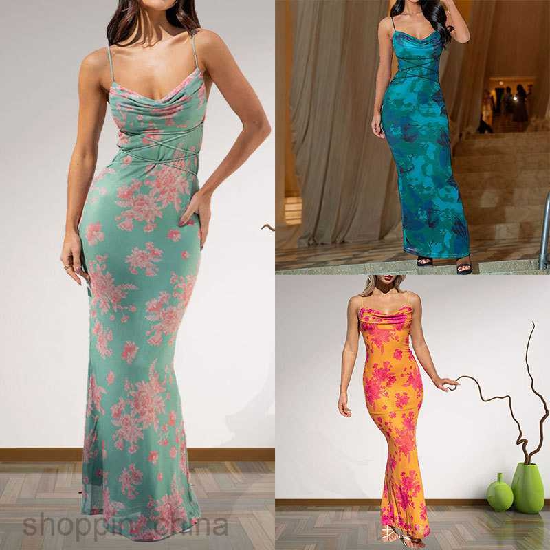 Basic Casual Dresses Women Summer New Women's Wear Lace Long Skirt Fragmented Flower Slim Fit Wrap Hip Print Hanging Strap Dress for Women