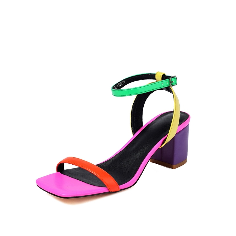 2024 Women's New Spring/Summer Colored Open Toe Metal Elastic Belt Buckle High Heel Large Size Sandals