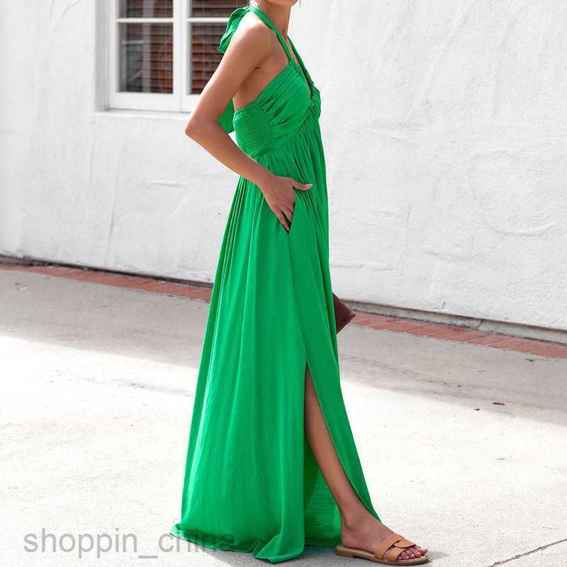 Basic Casual Dresses Women Spring/Summer Sexy Dress Solid Color Deep V-Neck Hanging Neck Sleeveless Long Dress New Women's Wear