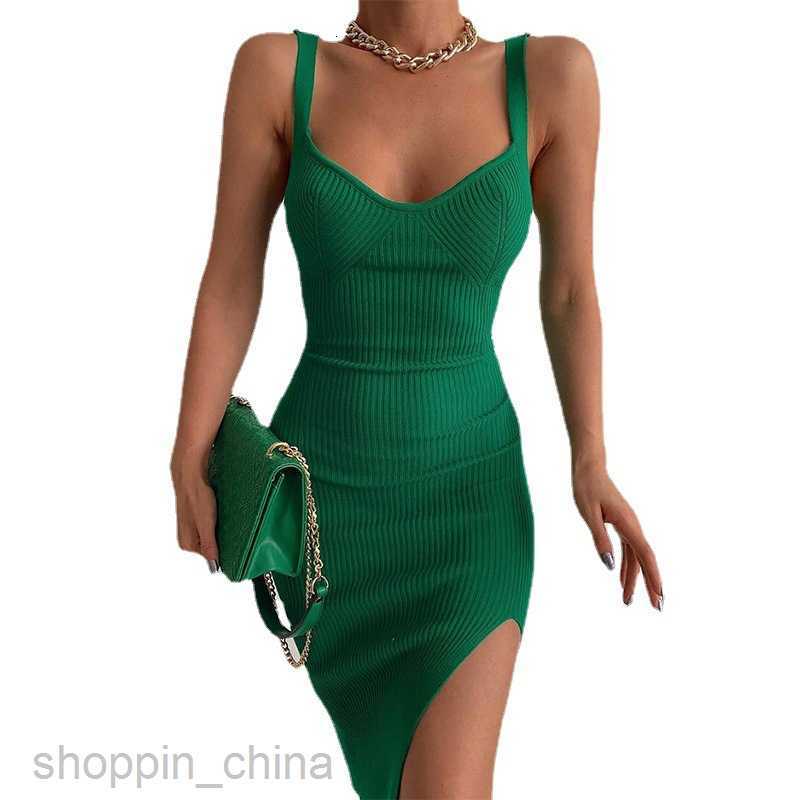 Basic Casual Dresses Women Mid length square neckline slit camisole skirt knitted tight fit with buttocks, solid color spring/summer sexy sweater dres