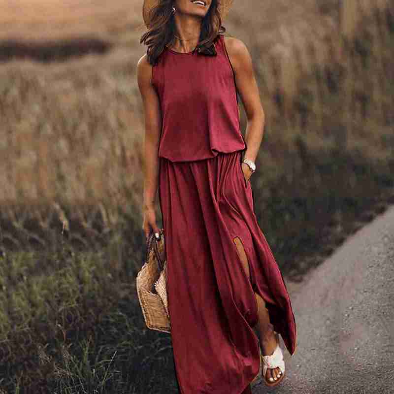 Casual Dresses for Woman Spring/Summer New Women's Round Neck Sleeveless Dress Split Solid Color Casual Commuter Long Dress