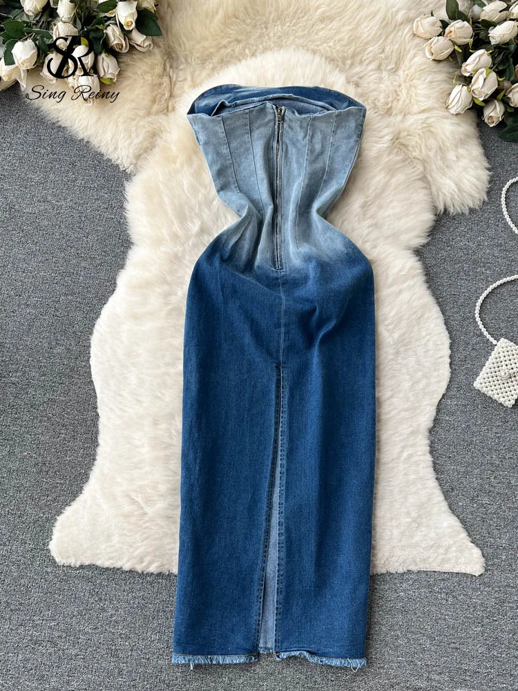 SINGREINY Summer Gradient Strapless Sexy Denim Dress Women Sleeveless Bodycon Jeans Sundress Fashion Split Backless Long Dress 240701