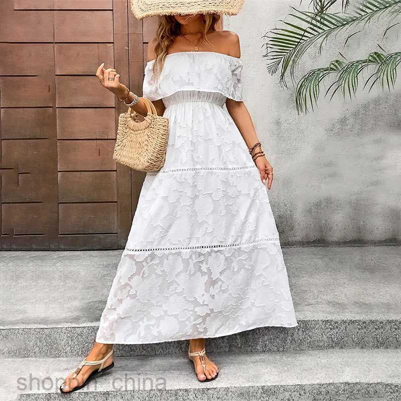 Basic Casual Dresses for Woman Woven Burnt Flower Lace Perspective One Shoulder Dress Spring/Summer Women's Design Sense Long Skirt Solid Color S