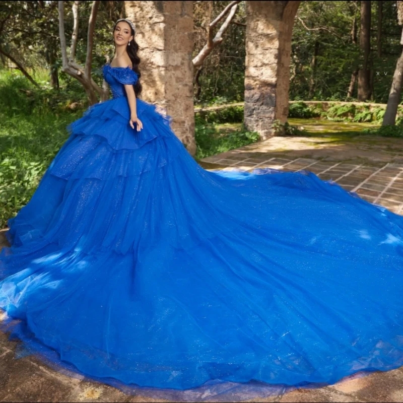 Blue Shiny Vestidos De 15 Anos Tulle Quinceanera Dress 2025 Sweet 16 Birthday Party Gown Sweetheart Princess Pageant