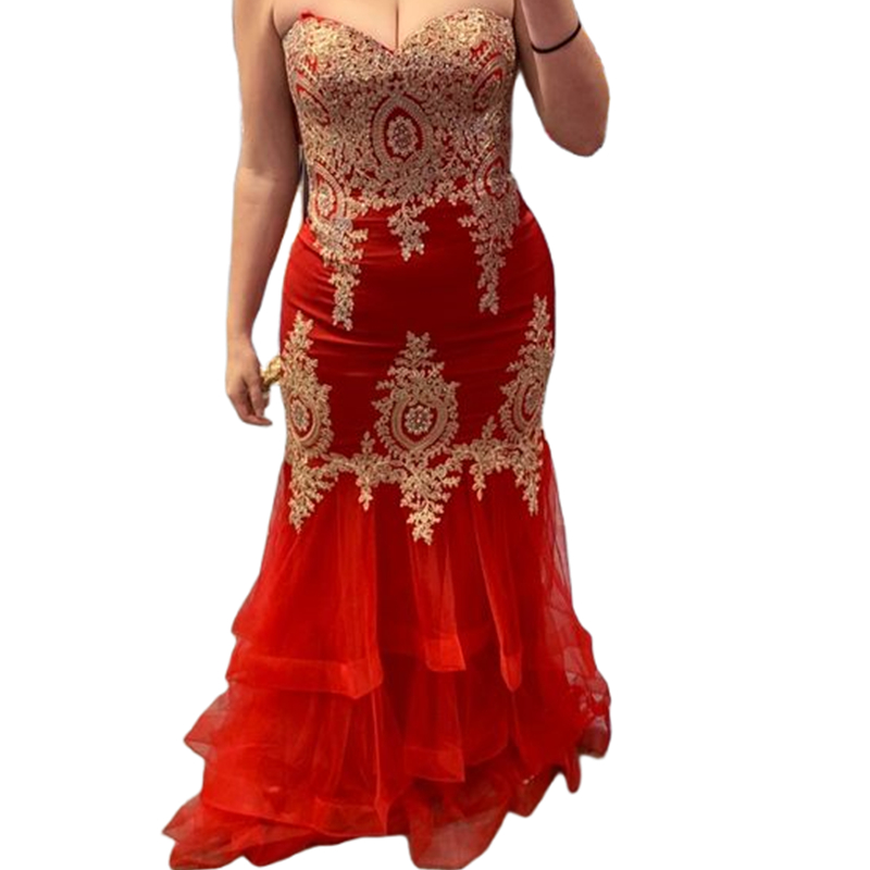 2024 Red Mermaid Prom Dresses With Gold Lace Appliques Sweetheart Neck Sleeveless Corset Plus Size Long Evening Gowns Women Formal Dress 2024