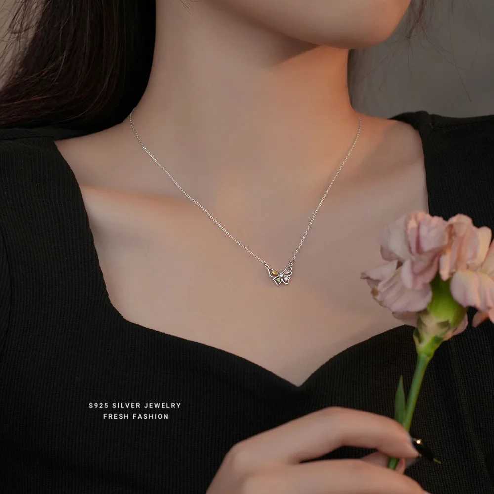 Pendant Necklaces 925 Sterling Silver Korean Sweet Colored Zircon Butterfly Pendant Necklace for Women Girl Wedding Party Jewelry