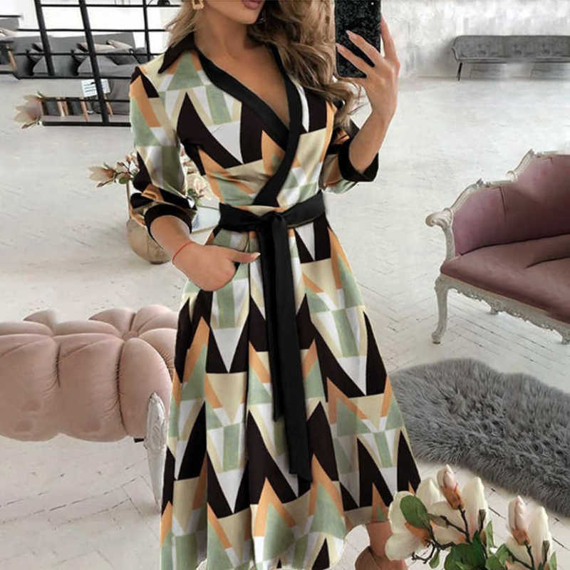 Basic Casual Dresses Woman Summer New Fashion Print Long Sleeved V-Neck Wrapped Hip Style Commuter Dress For Women