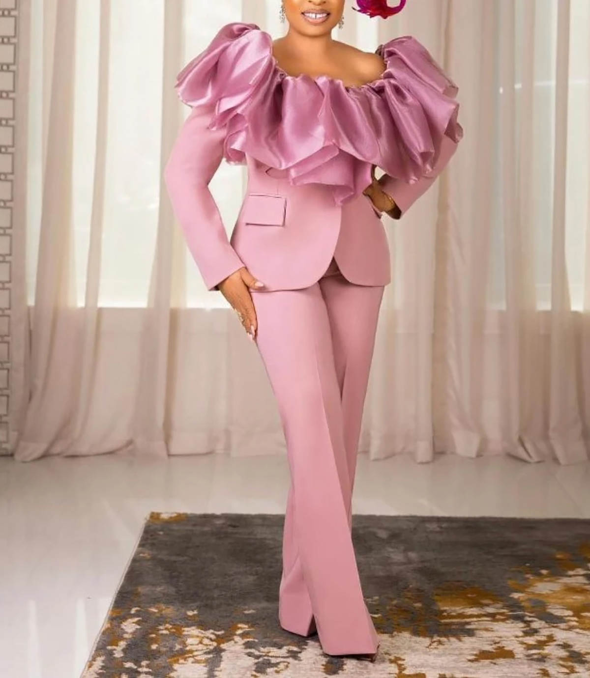 Unique Design Women Pants Suits Flowers Ruffles Ladies Loose Party Prom Jacket Coat Tailored Guest Wear 2 Pieces