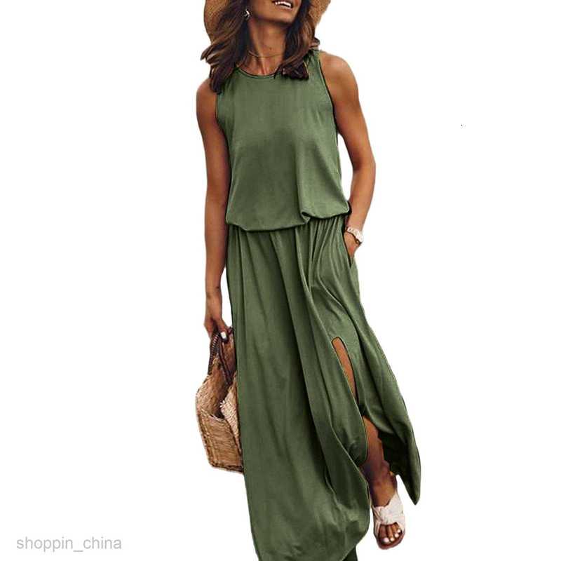 Casual Dresses for Woman Spring/Summer New Women's Round Neck Sleeveless Dress Split Solid Color Casual Commuter Long Dress