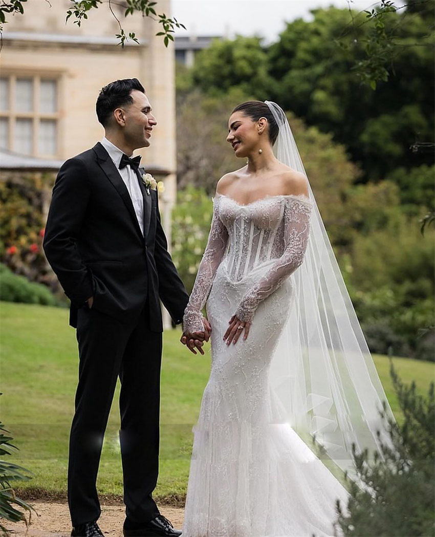 Lace Mermaid Vintage Dress Bridal Gown Off The Shoulder Long Sleeve Robe De Mariage Illusion Trumpet Garden Wedding Dresses es