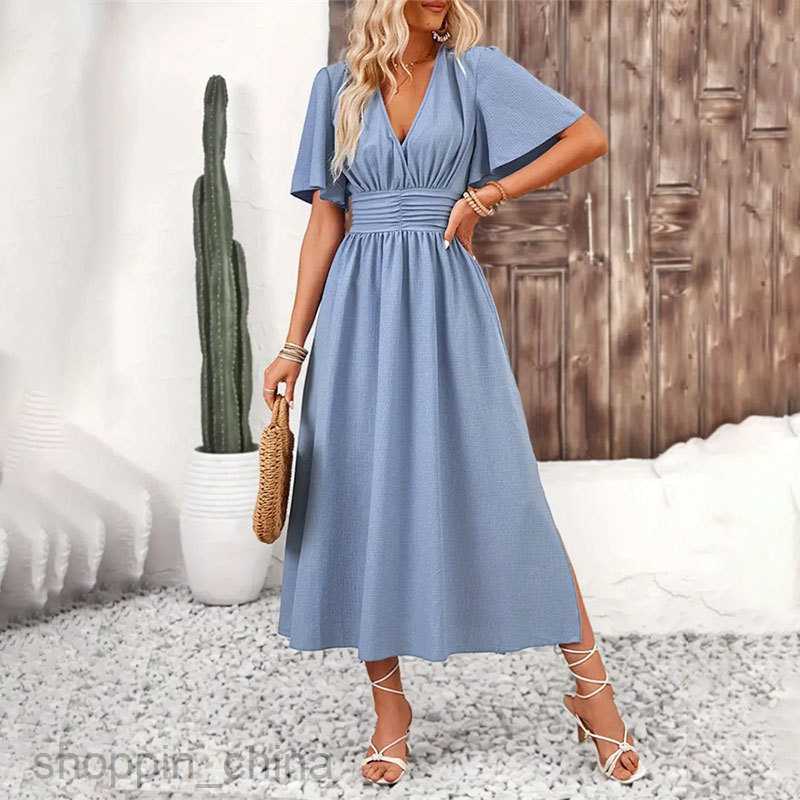 Basic Casual Dresses for Woman Women's skirt with lotus leaf sleeves, high slit, elastic waist dress, solid color, long skirt, summer girl's