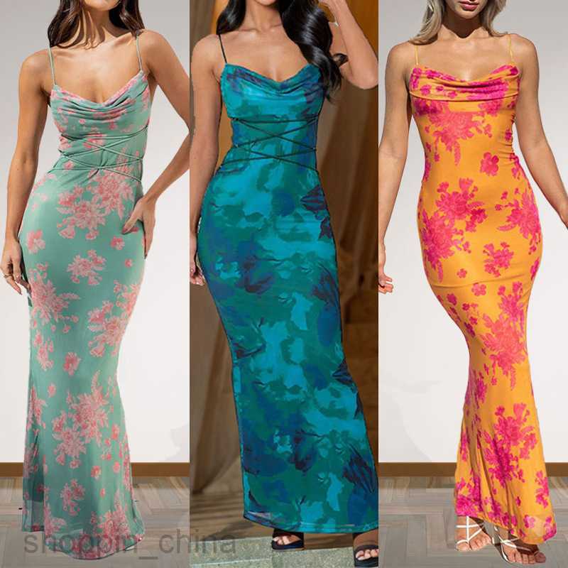 Basic Casual Dresses for Woman Women's Summer New Sexy Backless Slim Fit Bag Hip Print Hanging Strap Dress