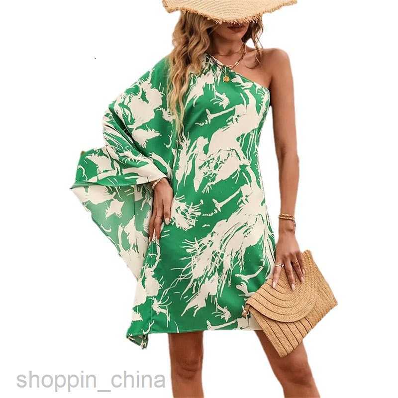 Basic Casual Dresses for Woman Diagonal shoulder flared sleeve printed short dress for spring and summer women's design sense women's dress