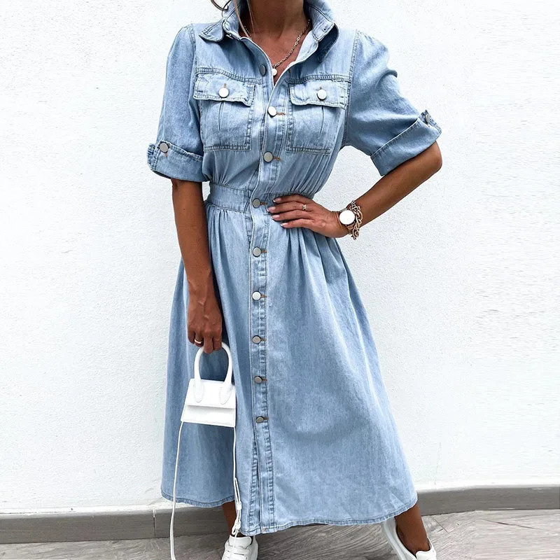 Elegant Lapel Short Sleeve Denim Dress Casual Single-breasted Pocket Long Dress Summer High Waist Temperament Commute Dress 240701