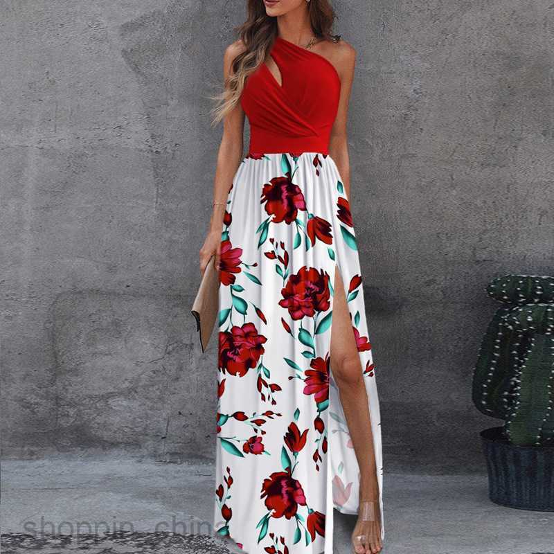 Basic Casual Dresses for Woman Women's New Skew Shoulder Long Dress with Temperament Sleeveless Sexy High Waist Split Dress