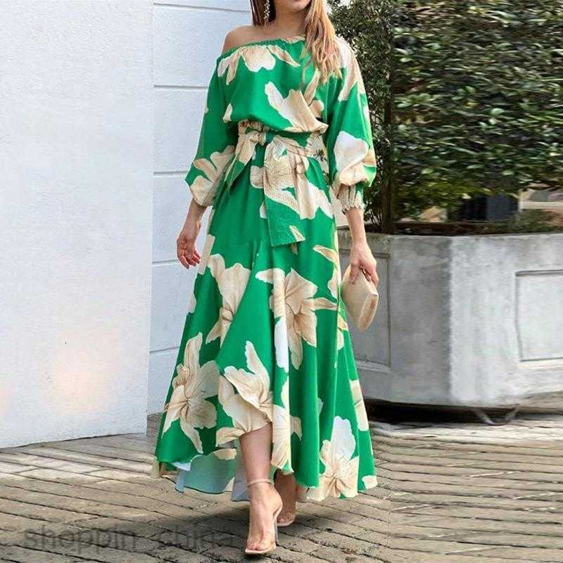 Basic Casual Dresses for Woman New Elegant Skew Shoulder Long Dress with Printed Lantern Sleeves High Waist Dress for Women