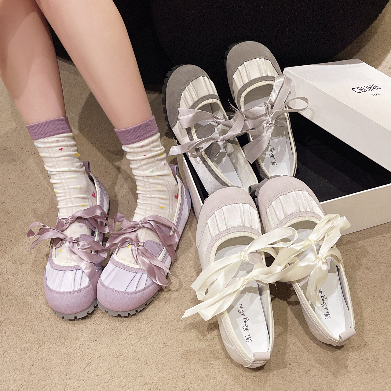 Ballet Mary Jane Women's Shoes 2024 New Summer Flat Bottom Lace up Round Head Versatile Big Head Puff Shoes Casual Single Shoes